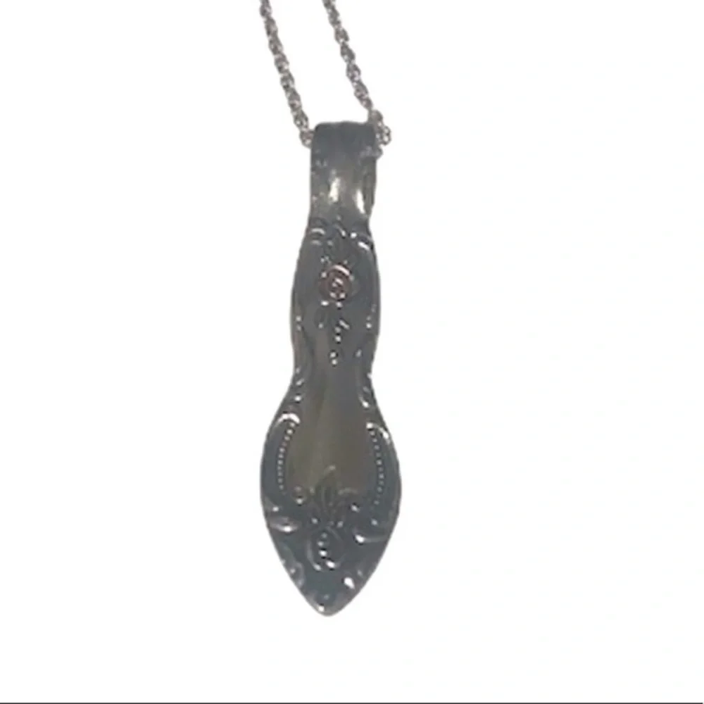Handmade‎ boho repurposed silver stainless steel floral spoon pendant necklace